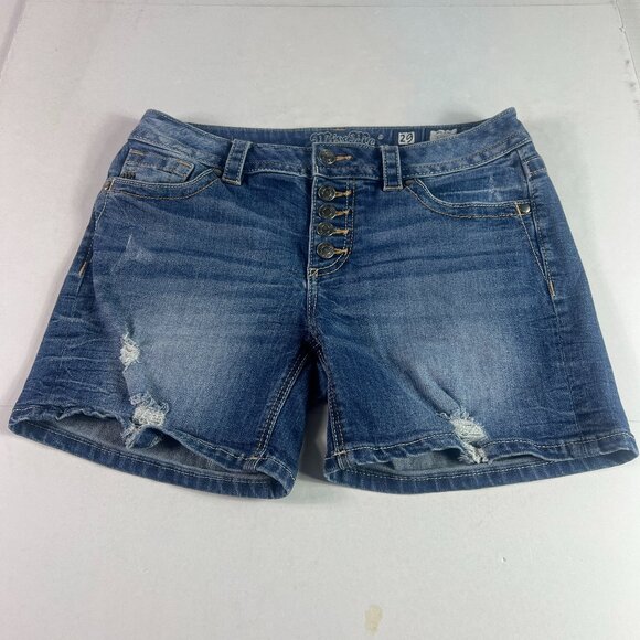 Miss Me Jean Shorts Womens 32* Mid Rise Blue Faded Distressed Denim Jorts Tag 29 - Picture 1 of 16